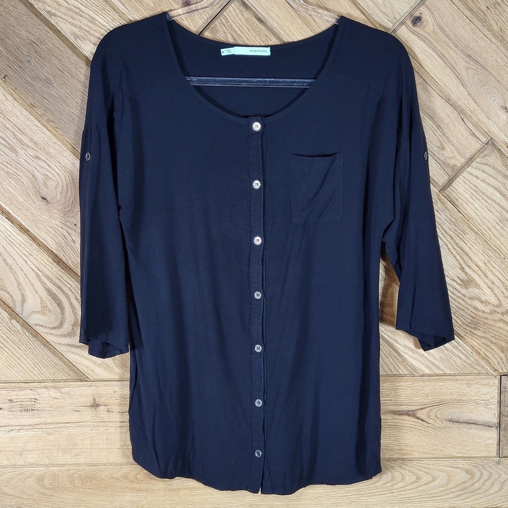 Maurices Button Front Top Women Size M 3/4 Roll Tab Sleeve Pocket Black